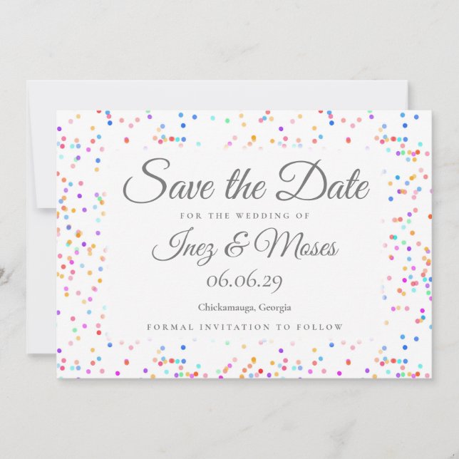 Romantic Rainbow Confetti Save the Date Invitation (Front)