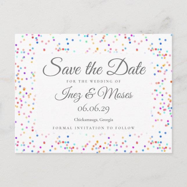 Romantic Rainbow Confetti Save the Date Postcard (Front)
