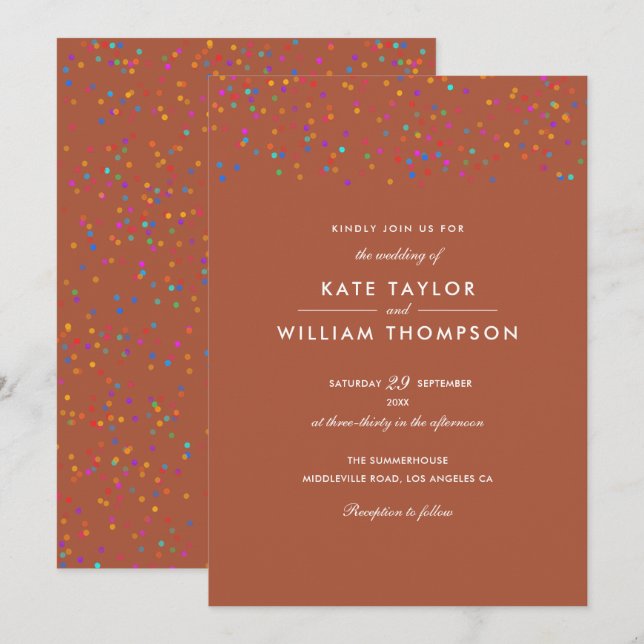 Romantic Rainbow Confetti Terracotta Wedding Invitation (Front/Back)