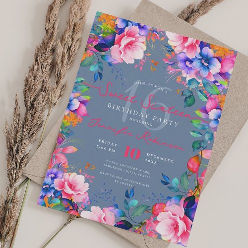 Romantic Rainbow Garden Floral Sweet 16 Dusty Blue Invitation