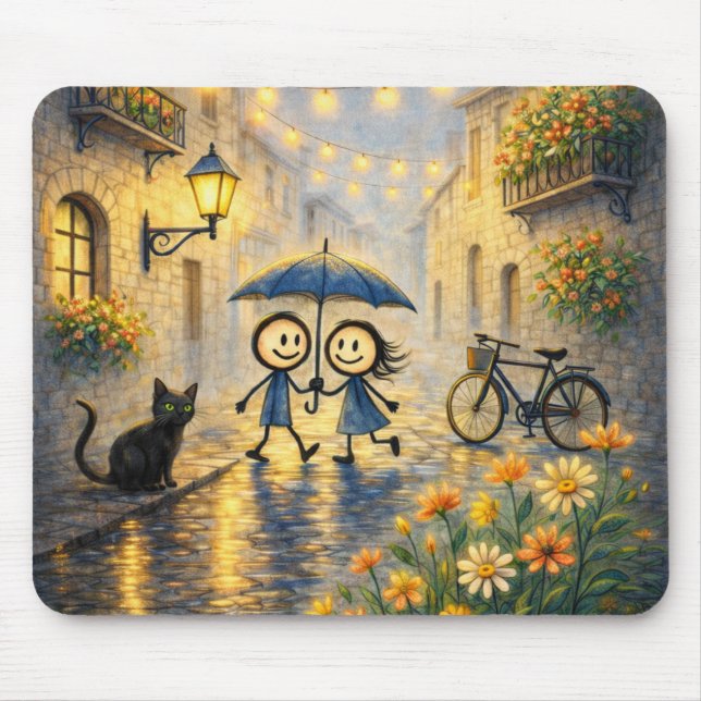 Romantic Rainy Street Couple Umbrella Mouse Pad (Front)