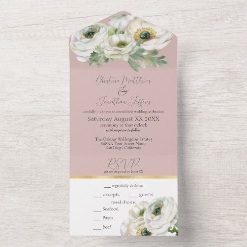 Romantic Ranunculus on Dusty Pink Blush All In One Invitation