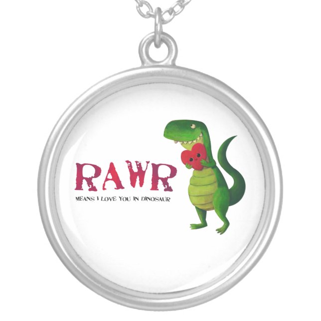Romantic RAWR T-rex Dinosaur Silver Plated Necklace (Front)
