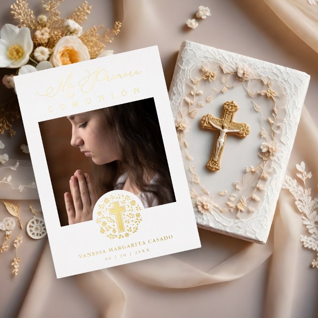 Romantic Real Golden Floral Wreath Photo Foil Invitation (Romantic Real Golden Floral Wreath Photo Metallic Foil Mi Primera Comunión Spanish Invitation Card.)