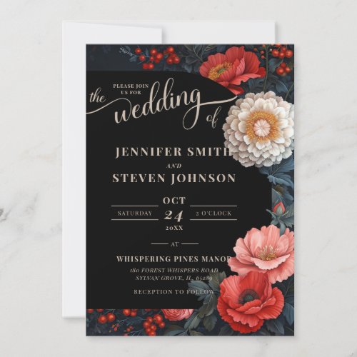 Romantic Red and Black Floral Wedding Invitation