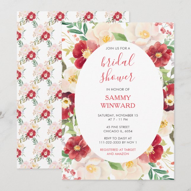 Romantic Red and Cream Flowers Bridal Shower Invitation (Front/Back)