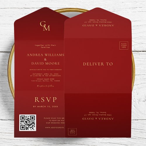 Romantic Red and Gold Monogram QR Code Wedding All In One Invitation