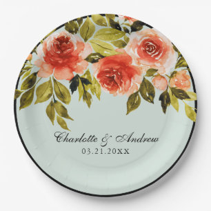 Romantic Red And Green Watercolor Floral Wedding Paper Plates