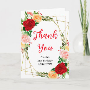 Romantic Red and Orange Roses Birthday Letterpress Thank You Card