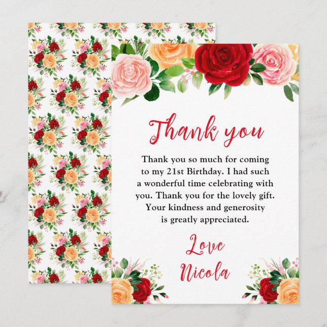 Romantic Red and Orange Roses Birthday Thank You Card (Front/Back)