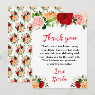 Romantic Red and Orange Roses Bridal Shower Thank You Card