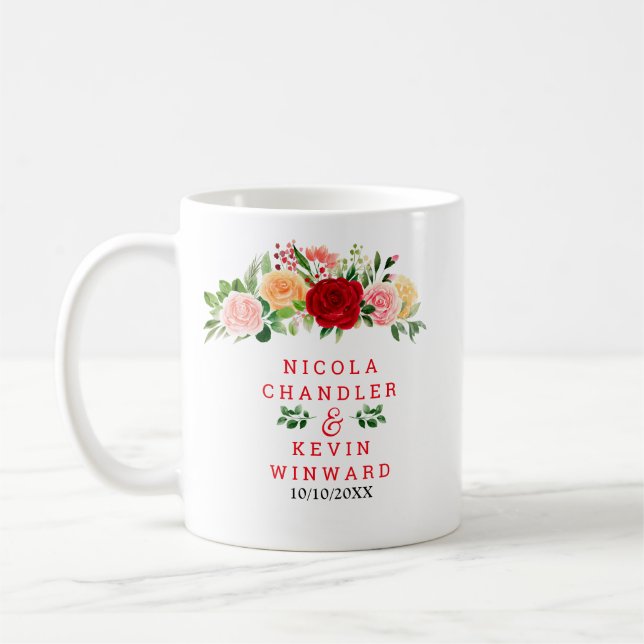 Romantic Red and Orange Roses Wedding Coffee Mug (Left)