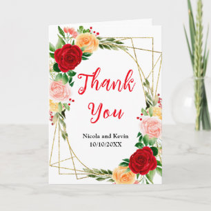 Romantic Red and Orange Roses Wedding Letterpress Thank You Card