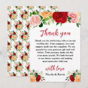 Romantic Red and Orange Roses Wedding Thank You Card