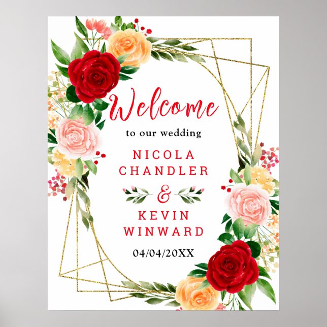 Romantic Red and Orange Roses Wedding Welcome Sign (Front)