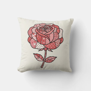 Romantic Red and Pink Patchwork Rose Illustration Throw Pillow