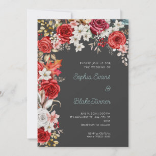 Romantic Red and White Roses Shadow Gray Wedding Invitation