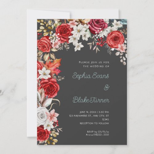 Romantic Red and White Roses Shadow Gray Wedding Invitation