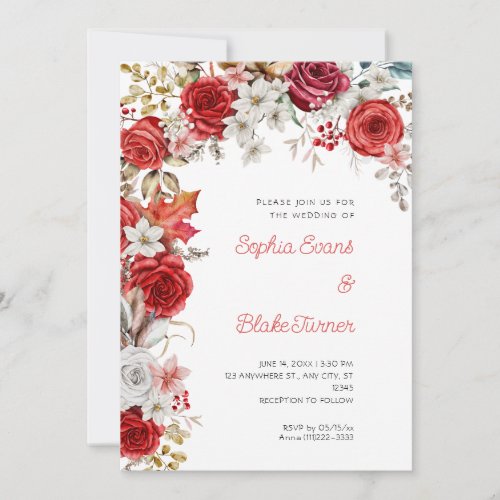 Romantic Red and White Roses White Wedding Invitation
