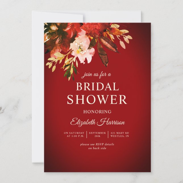 Romantic Red Autumn Floral Bridal Shower Invitation (Front)