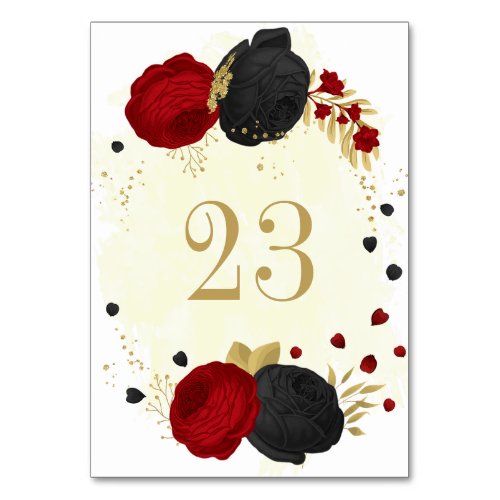 Romantic red  black flowers gold wedding  table number
