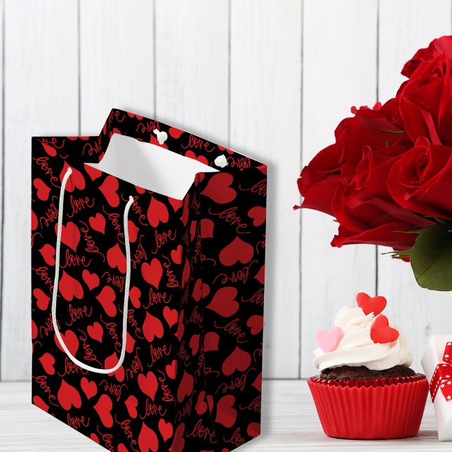 Romantic Red & Black Heart Patterns  Medium Gift Bag (Red & Black Heart Patterns Romantic Medium Gift Bag)
