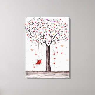 ROMANTIC RED BLACK INK HEART TREE WITH SWING CANVAS PRINT
