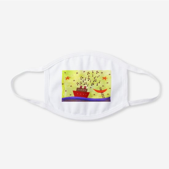 ROMANTIC RED BLUE AND GREEN WATERCOLOR MUSIC BOAT WHITE COTTON FACE MASK