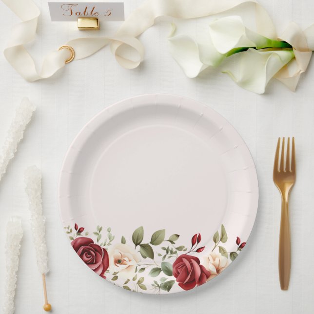 Romantic Red Blush Pink Roses Wedding Paper Plates (Wedding)