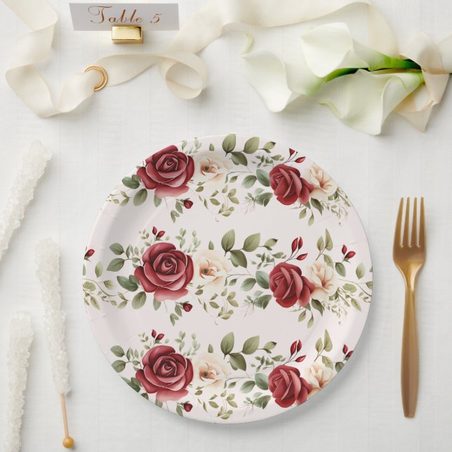 Romantic Red Blush Pink Roses Wedding  Paper Plates (Wedding)