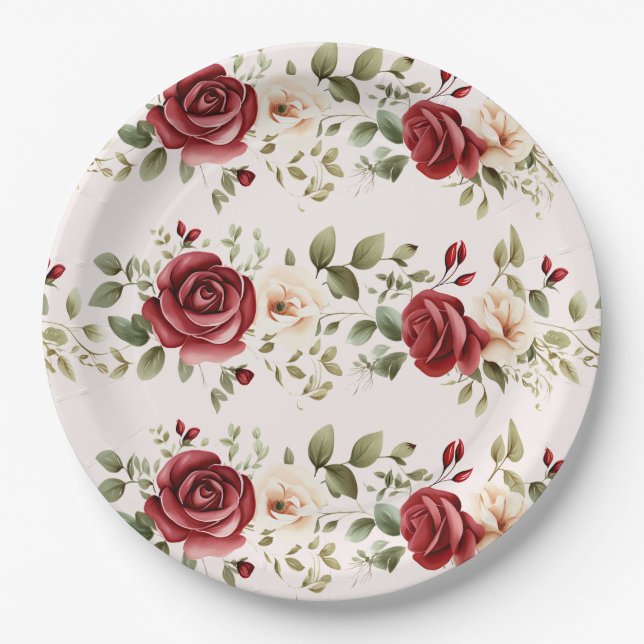 Romantic Red Blush Pink Roses Wedding  Paper Plates (Front)