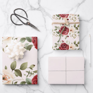Romantic Red Blush Pink Roses Wedding Wrapping Paper Sheets