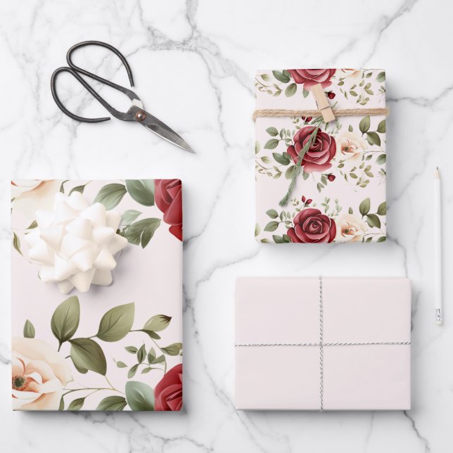 Romantic Red Blush Pink Roses Wedding Wrapping Paper Sheets (Front)