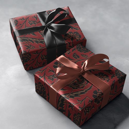 Romantic Red Bold Damask Paisley Black Floral Wrapping Paper