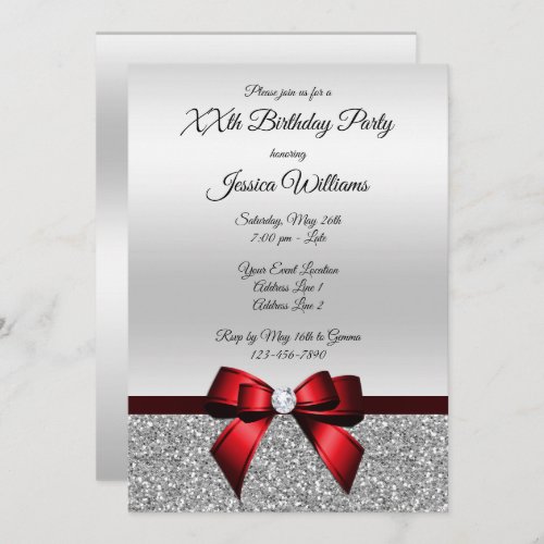 Romantic Red Bow  Silver Glitter Birthday Invitation