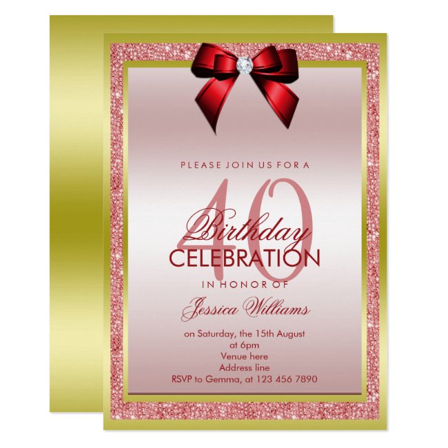 Romantic Red Bow & Sparkly Glitter 40th Birthday Invitation