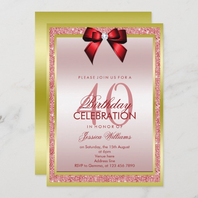 Romantic Red Bow & Sparkly Glitter 40th Birthday Invitation (Front/Back)