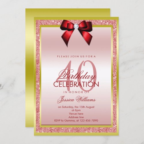 Romantic Red Bow  Sparkly Glitter 40th Birthday Invitation