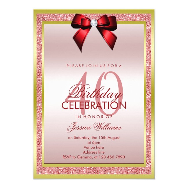 Romantic Red Bow & Sparkly Glitter 40th Birthday Invitation