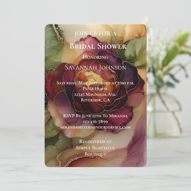 Romantic Red Burgundy Rose Floral Bridal Shower Invitation (Standing Front)