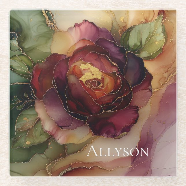 Romantic Red Burgundy Rose Gold Floral  Glass Coaster (Front)