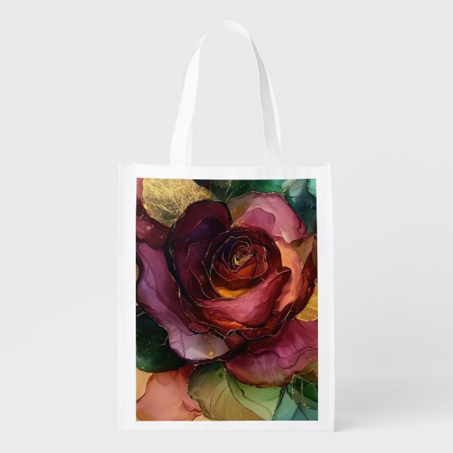 Romantic Red Burgundy Rose Gold Floral  Grocery Bag (Front)
