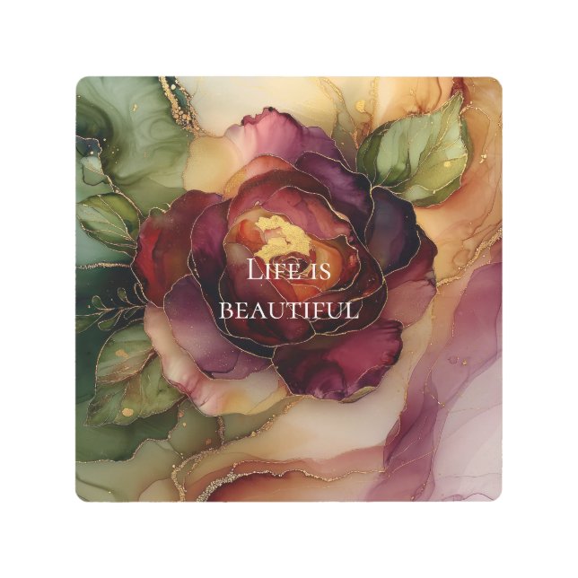 Romantic Red Burgundy Rose Gold Floral  Metal Print (Front)