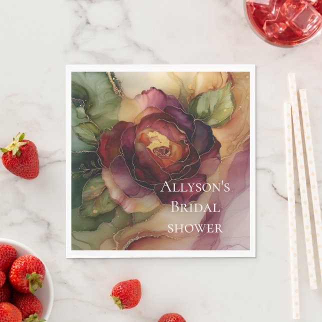 Romantic Red Burgundy Rose Gold Floral Wedding Napkins (Insitu)