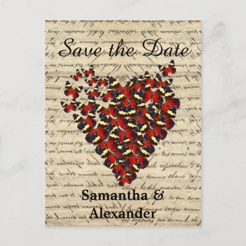 Romantic red butterfly heart save the date announcement postcard