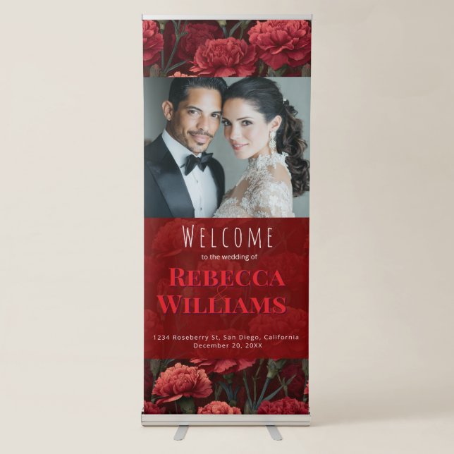 Romantic Red Carnation Charm Retro Wedding Retractable Banner (Front)