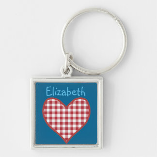 Romantic Red Check Gingham Heart Custom Keychain