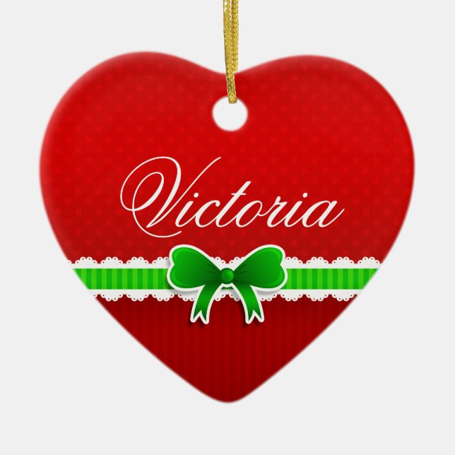 Romantic Red Christmas Design Cute Bow Custom Name Ceramic Ornament (Front)