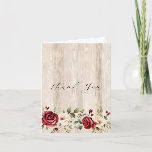 Romantic Red Cream Roses Faux Wood Thank You Card (Front)