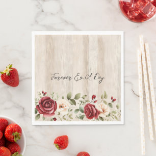 Romantic Red Cream Roses Faux Wood Wedding Napkins